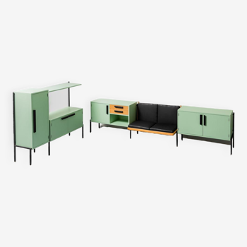 Wooden sideboard green sofa 2 seater 60s vintage modern