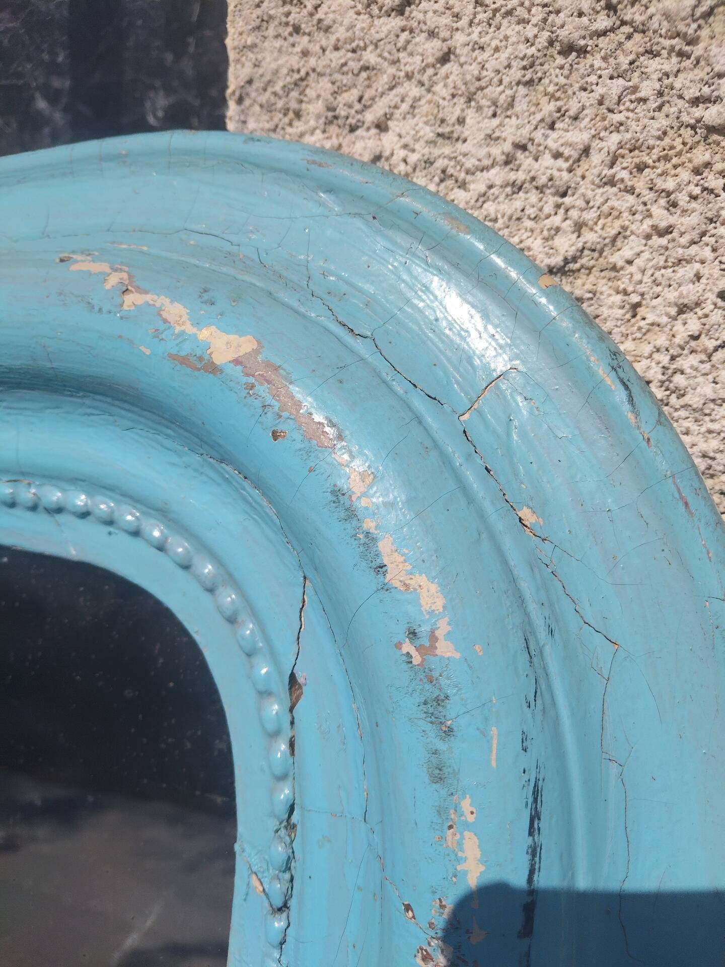 Large Louis-Philippe mirror from the 19th century in wood and stucco with a turquoise blue patina.