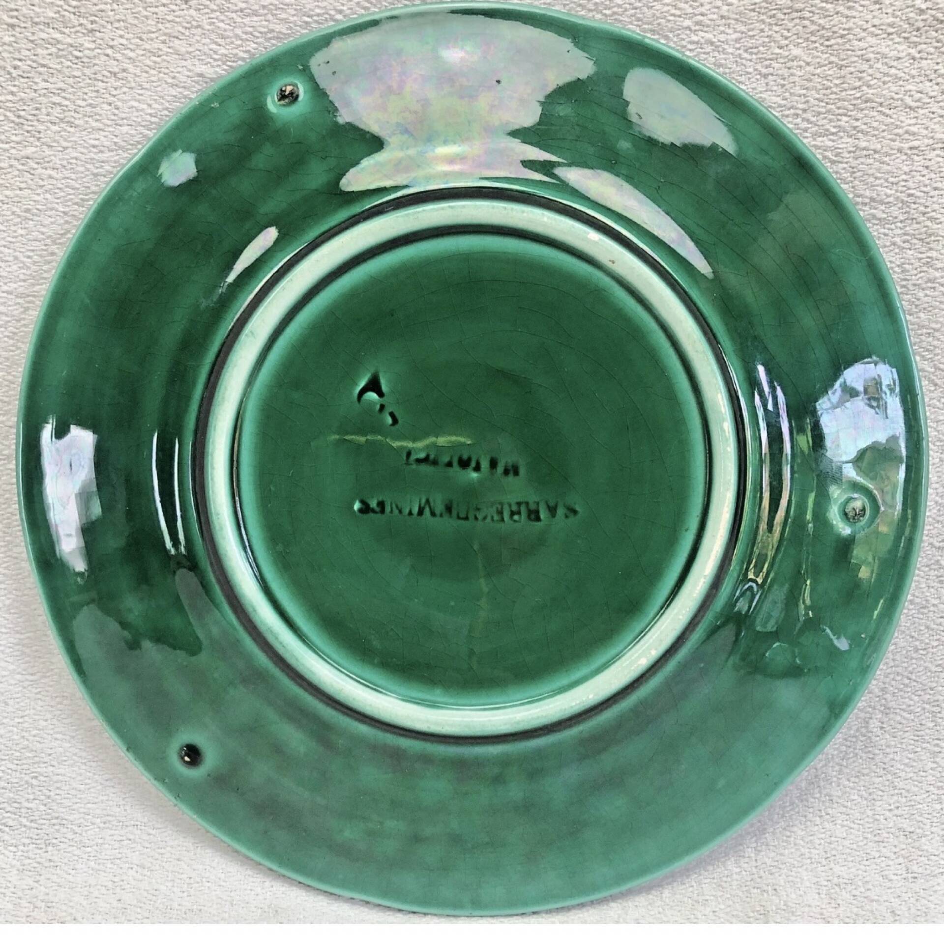 3 fruit plates Sarreguemines majolica shaded enamel Rubelles