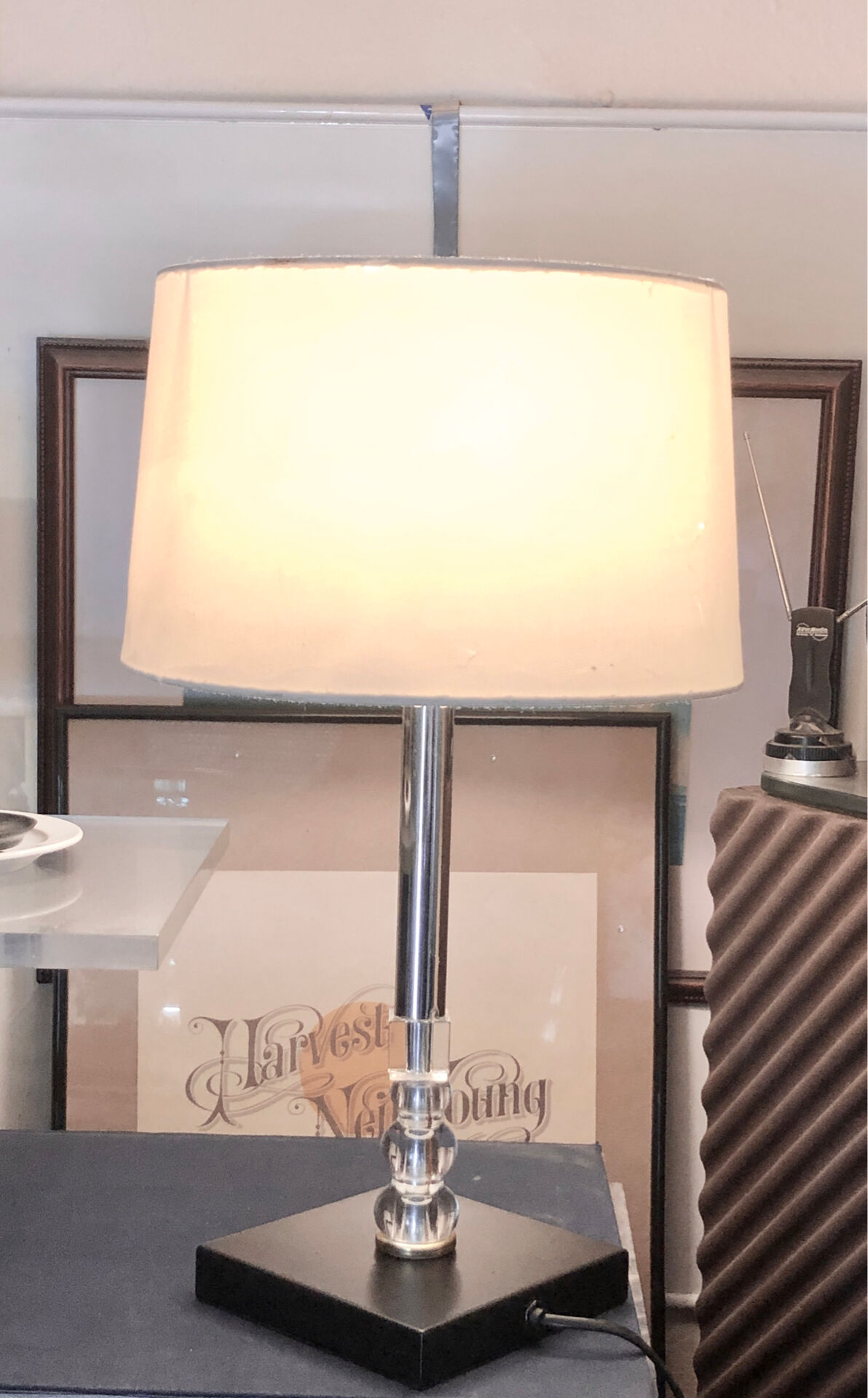 Silver-plated metal lamp base with crystal.