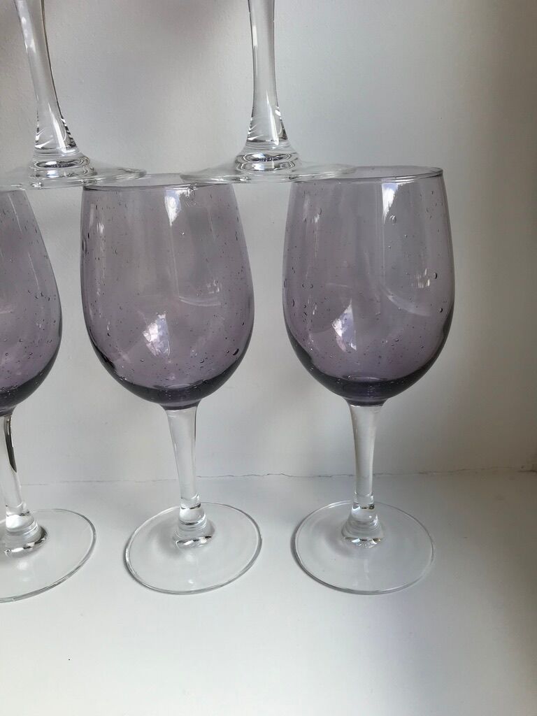 set of 5 wine glasses in purple bubble glass 70s
