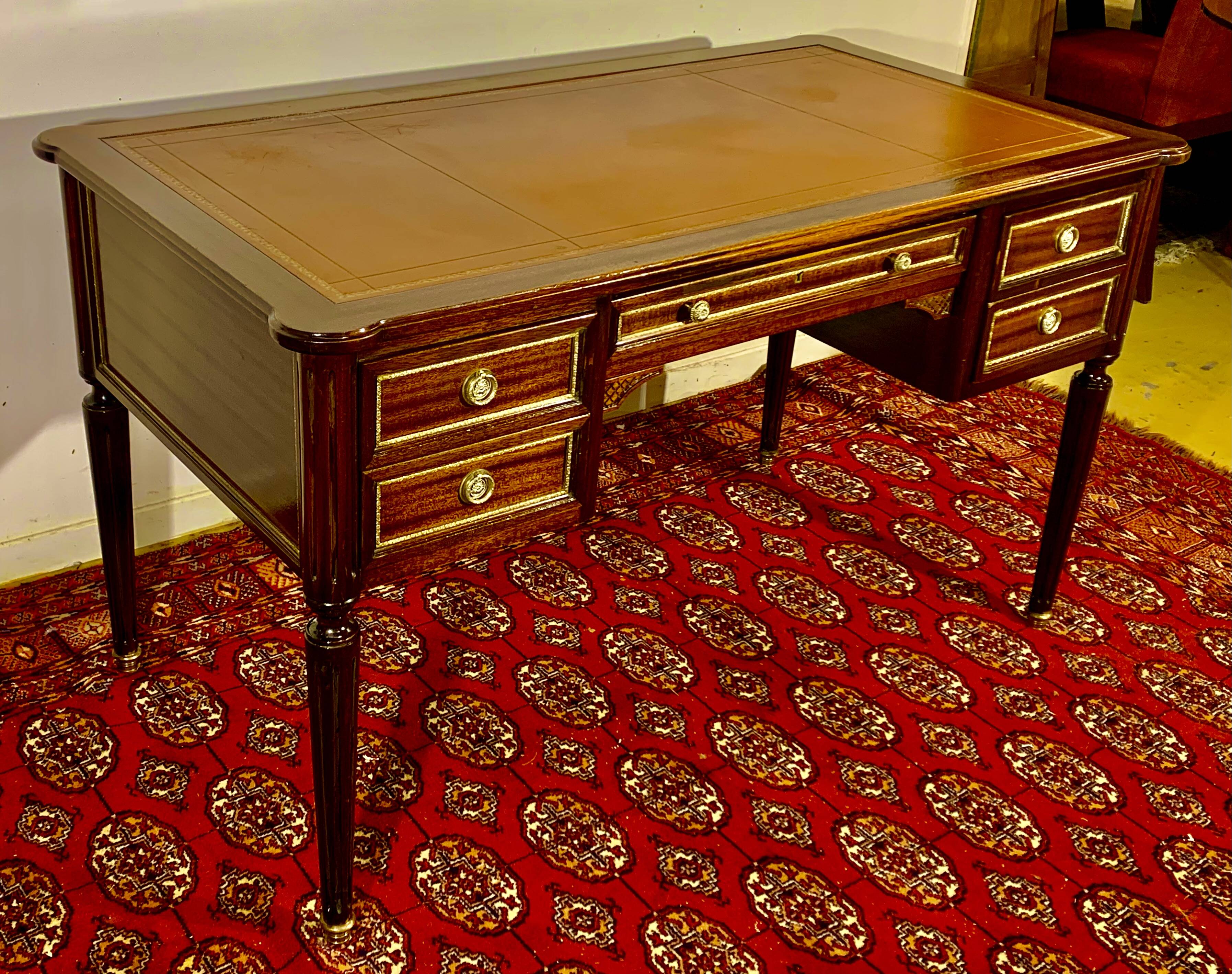Louis XVI style desk, mahogany, tan leather