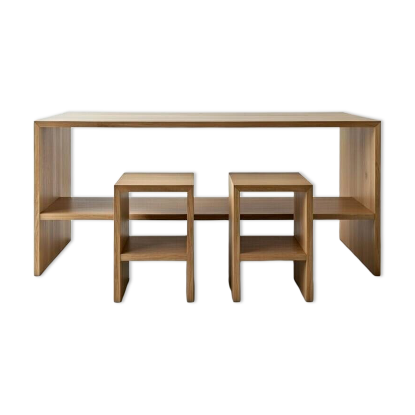 Office set, console and 2 stools in solid oak.