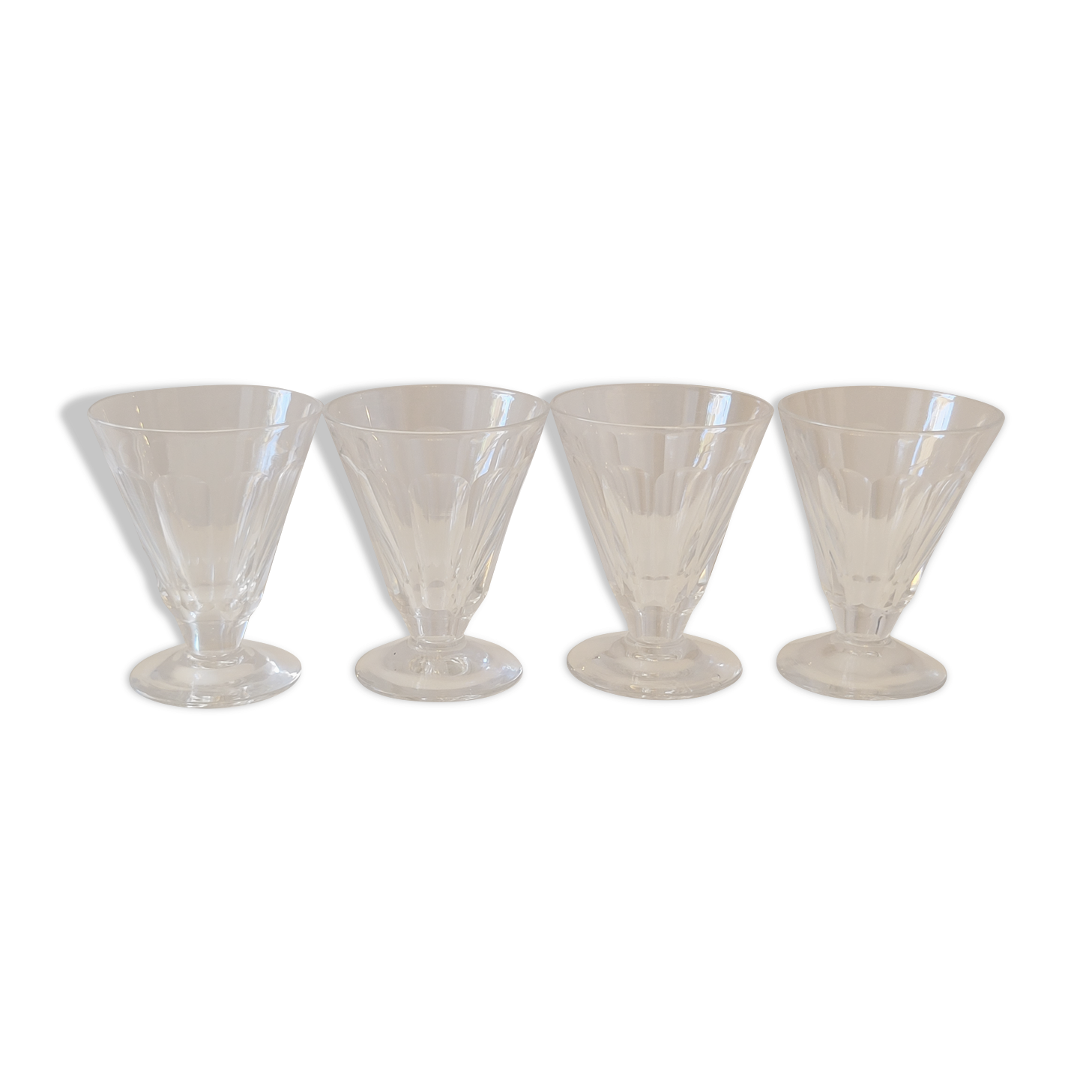 4 old conical liquor glasses cut with 10 flat ribs with faceted sides