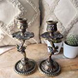 Old German bronze candle holders signed initial LR rocaille style XIXth vintage gilded