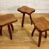 Brutalist tripod stools in solid elm, France 1960
