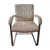 Vintage sitag chair in beige leather with armrests, chrome base