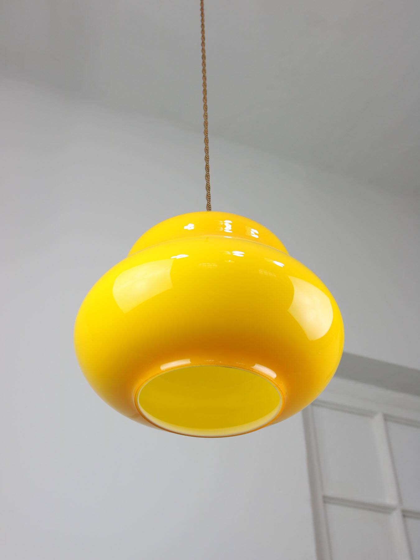 Mid-Century Italian Yellow Glass and Brass Pendant Lamp