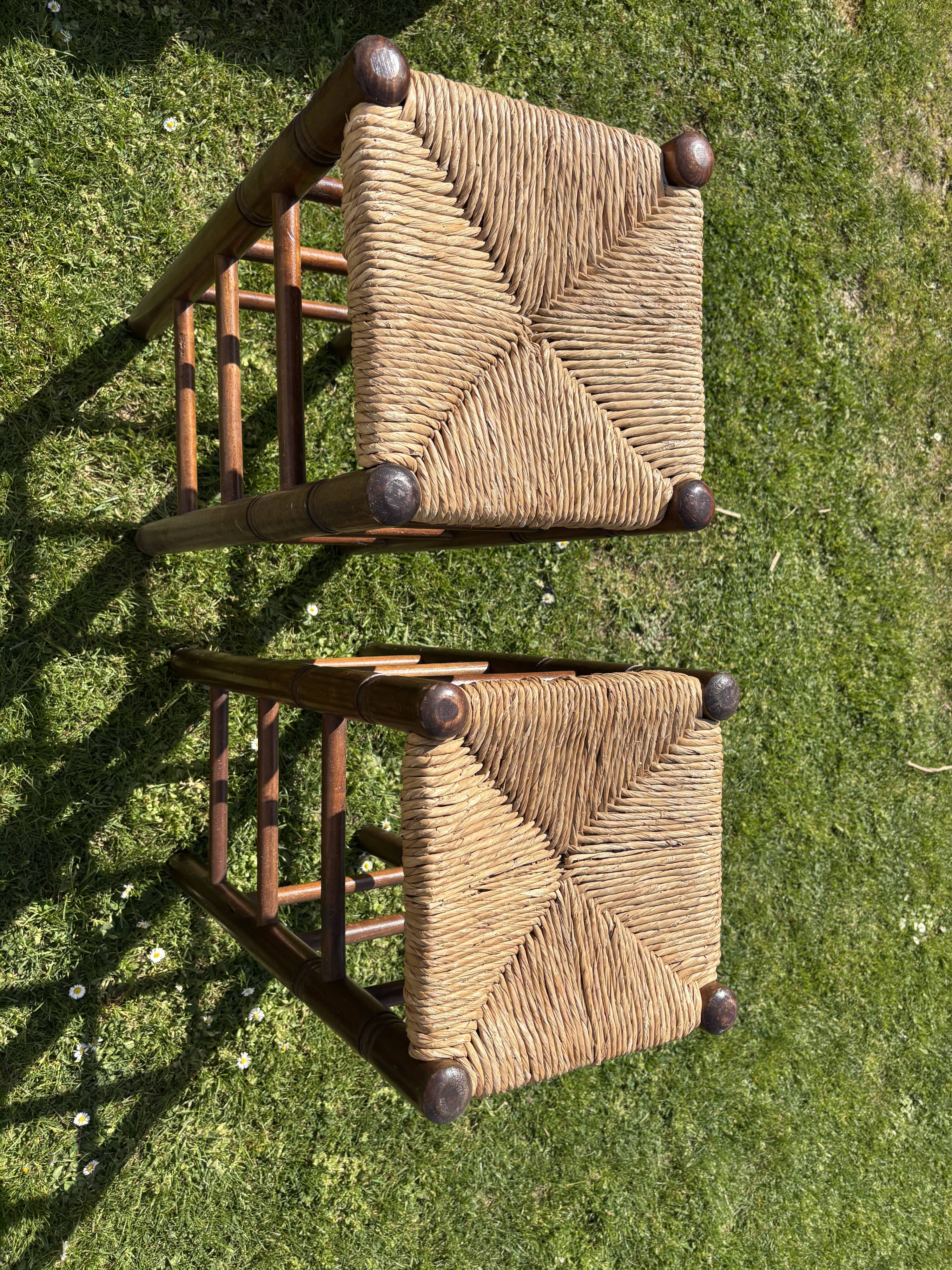 5 Charlotte Perriand-style wooden and straw bar stools