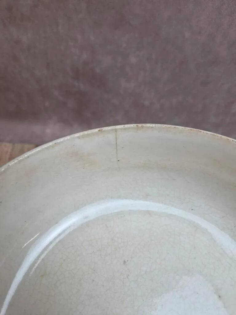 Antique ironstone soup tureen Clairefontaine with blue cyclamen decoration.
