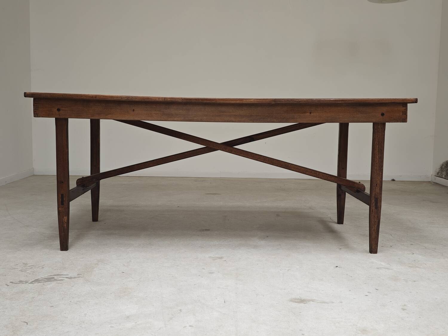 Vintage workshop folding table in oak with a hand-patinated black top.