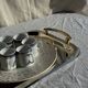 Vintage pie dish with 2 golden handles, abstract patterns, D28.