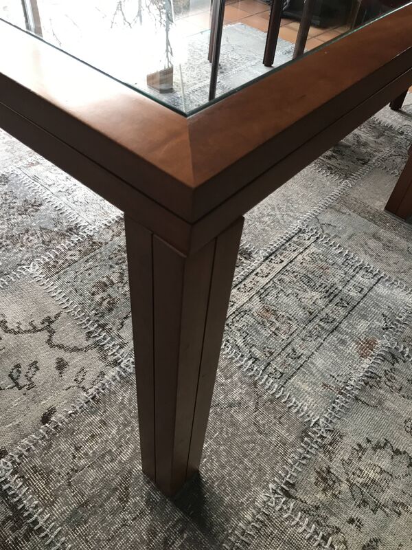 Table merisier plateau verre arbalète Roche Bobois