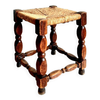 Tabouret de ferme paillé vintage en chêne 1950