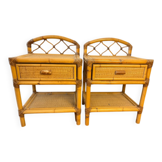 Pair of 1960s rattan bedside tables from France