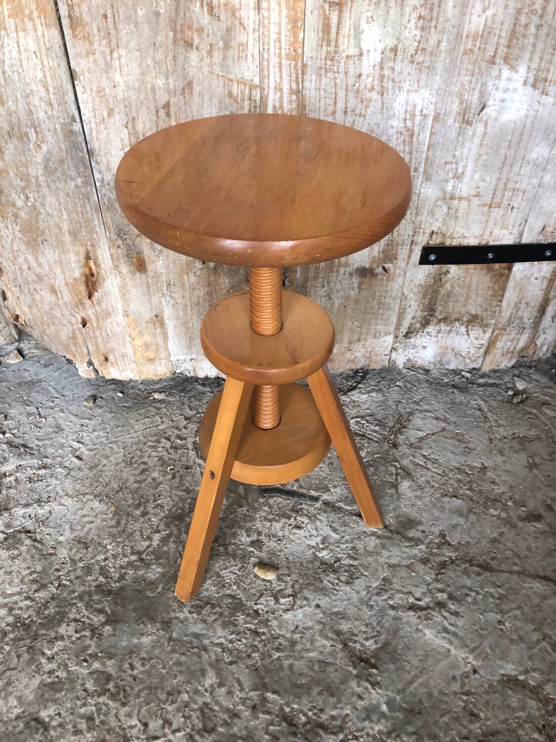 Vintage Light Wood Tripod Screw Painter's Stool #A632