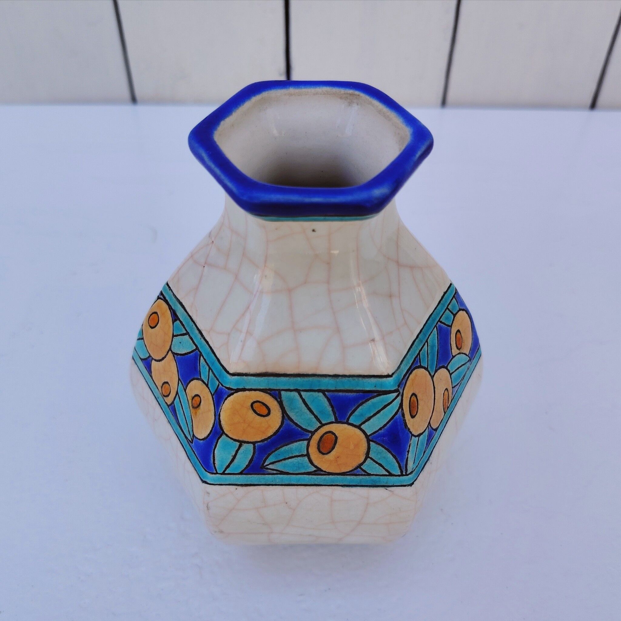 Vase art déco, émaux de Longwy, décor floral, vintage