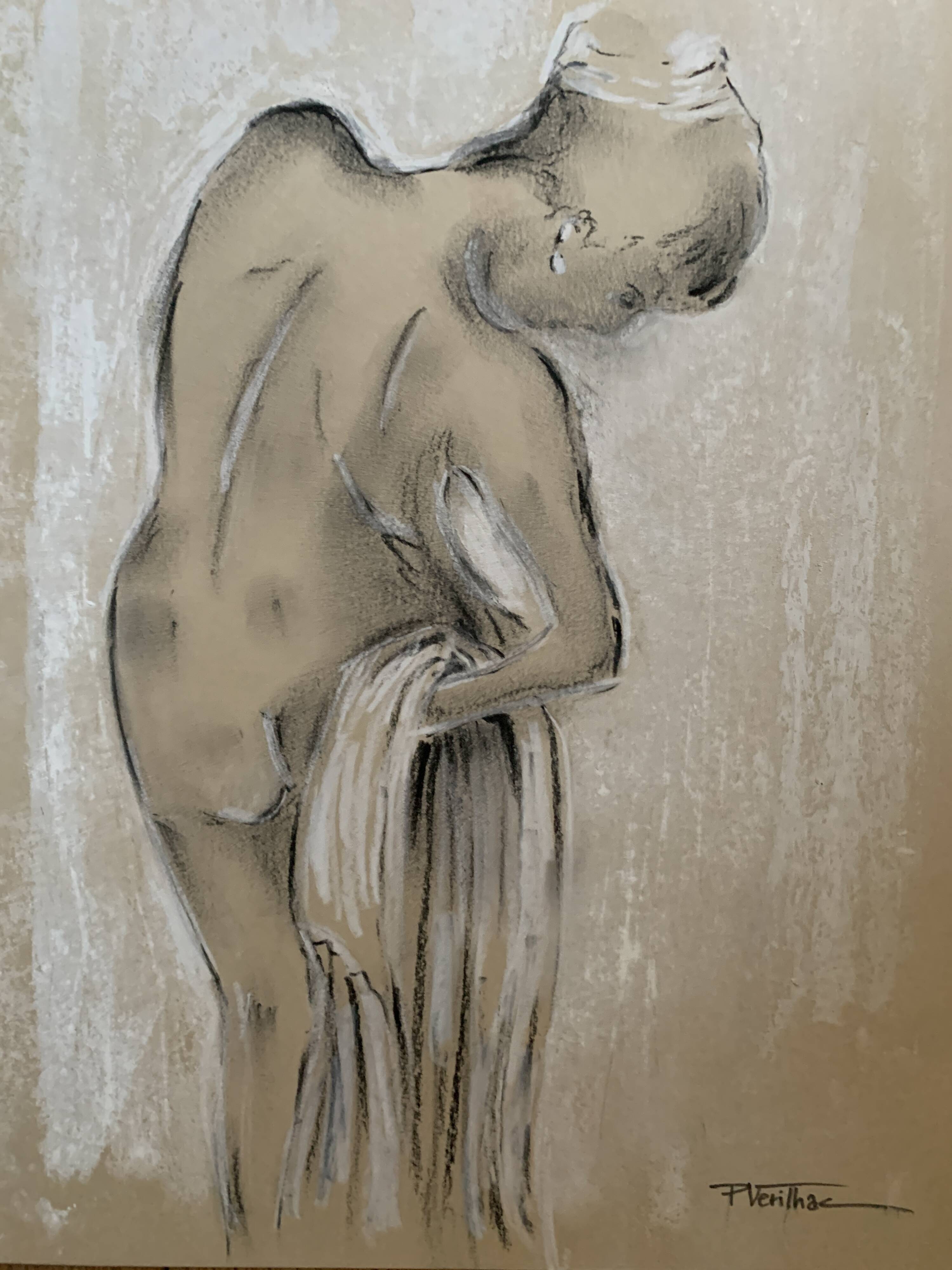 Signed charcoal pastel white portrait of a woman "the white towel"