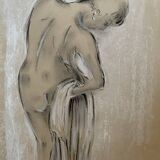 Signed charcoal pastel white portrait of a woman "the white towel"
