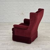 1970s, Danish highback chair, cherry-red furniture velour, ash wood legs.