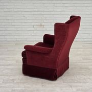 1970s, Danish highback chair, cherry-red furniture velour, ash wood legs.