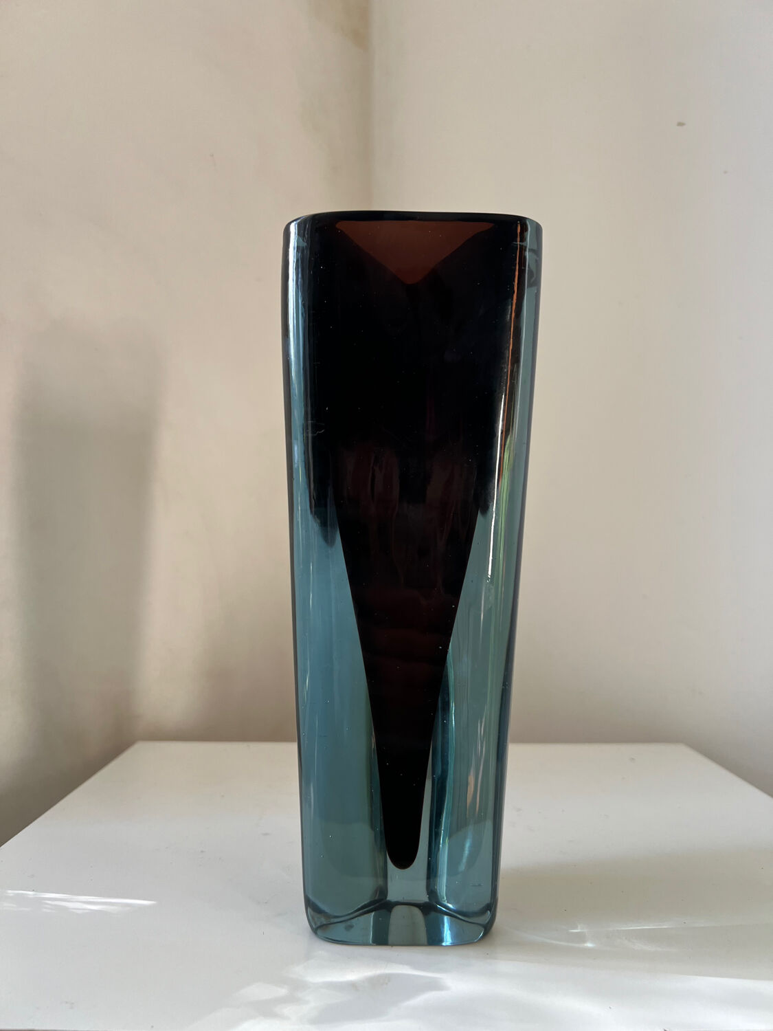 Large tall vintage crystal vase in a triangular shape, Murano style