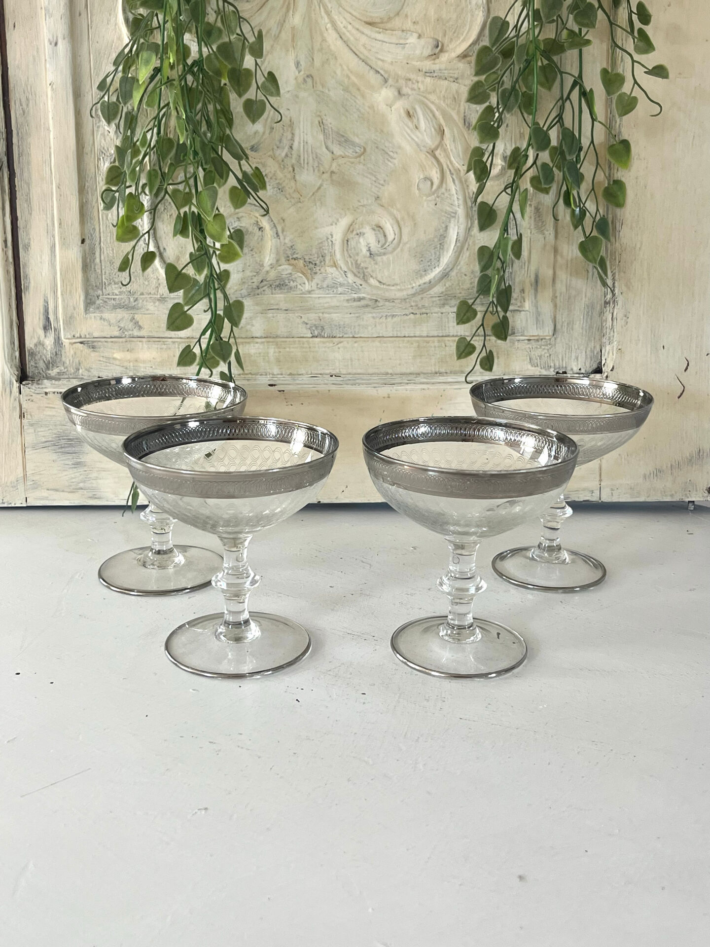 Etched silver rim cocktail coupe glasses set mid century barware