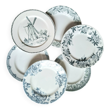 Assiettes plates anciennes dépareillées en faïence terre de fer 