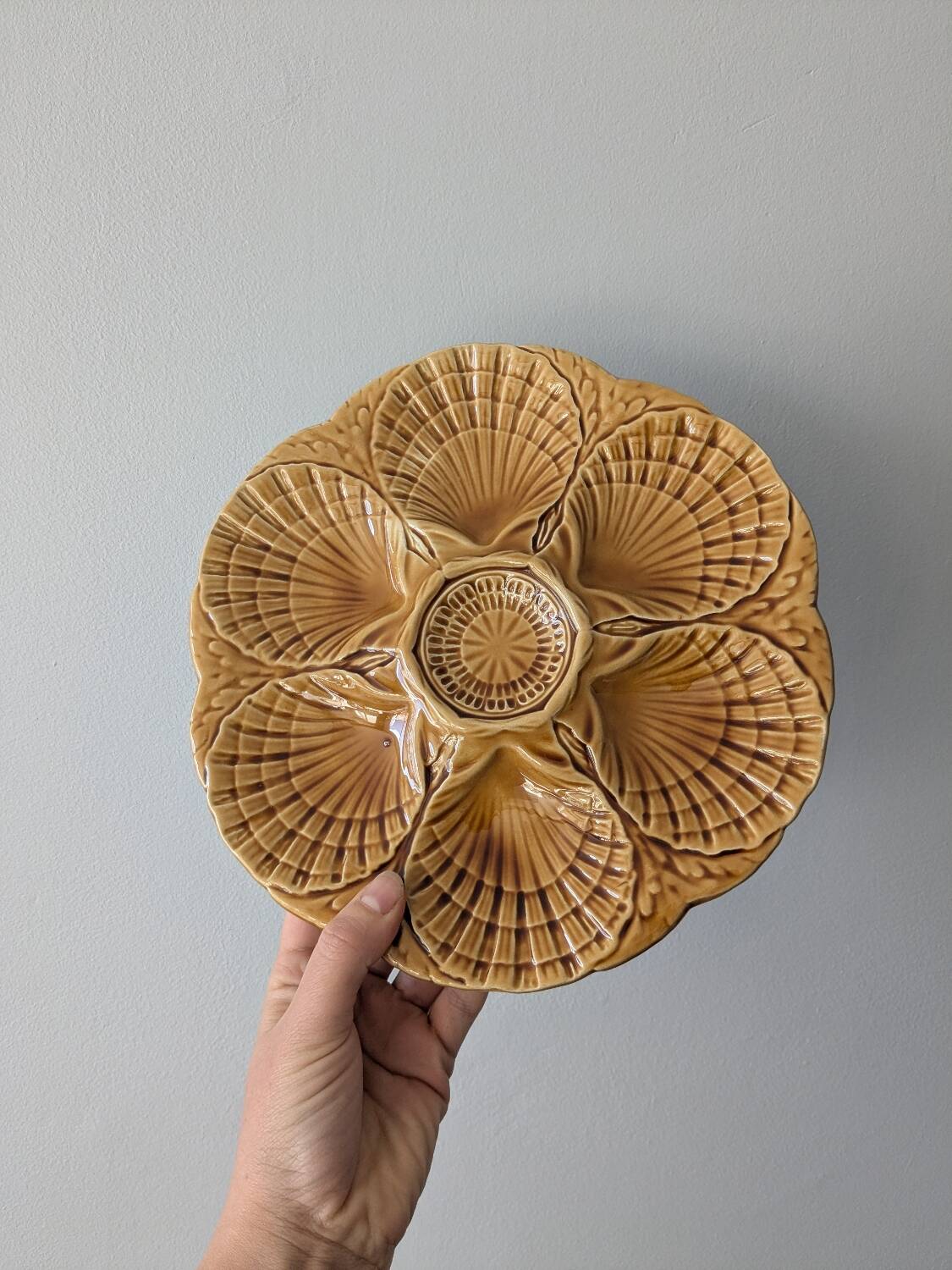 Set of 3 vintage brown Sarreguemines majolica oyster plates.