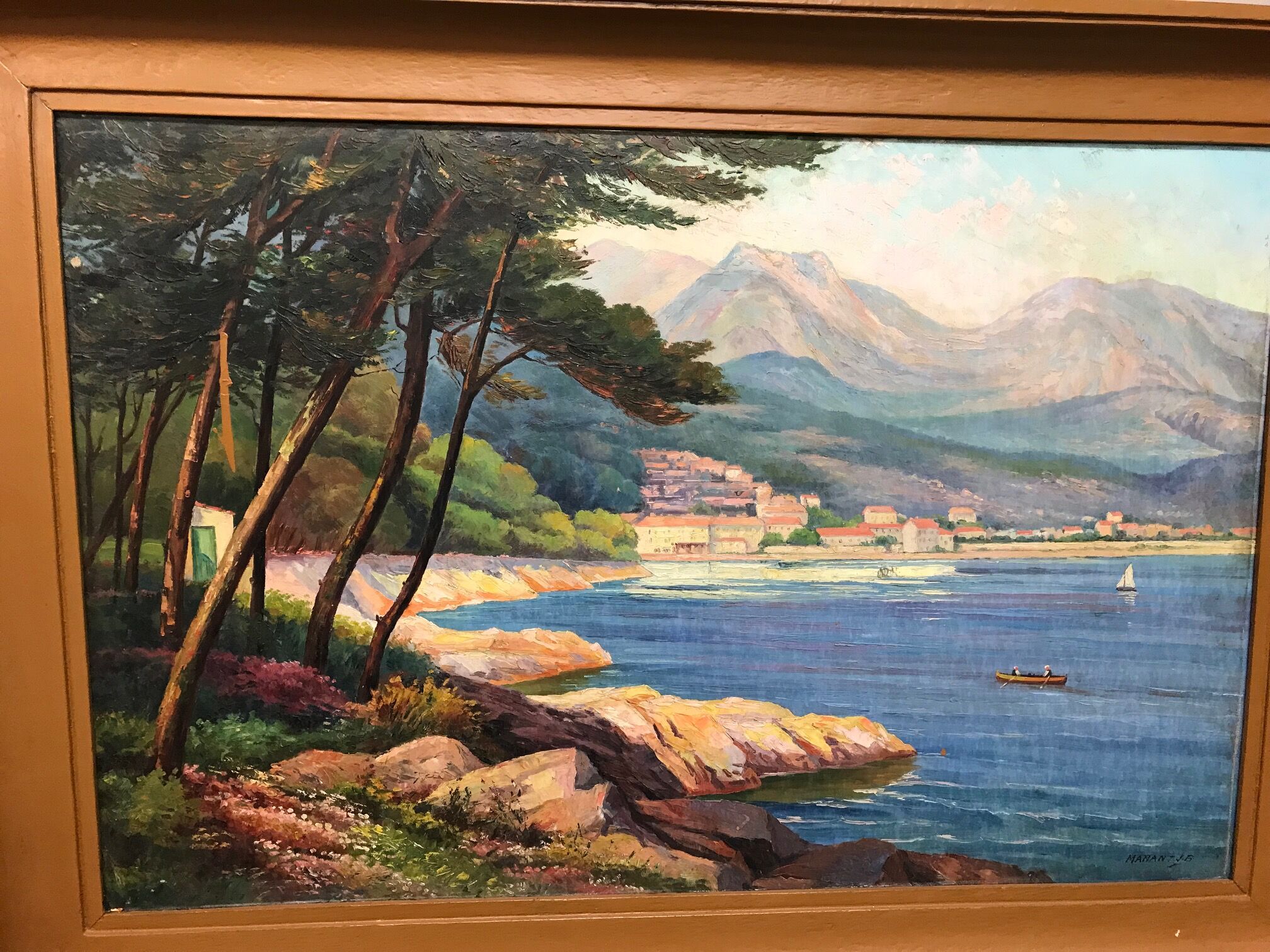 MANANT JEAN BAPTISTE OIL PAINTING SIGNED. SMALL MEDITERRANEAN PORT COTE D'AZUR