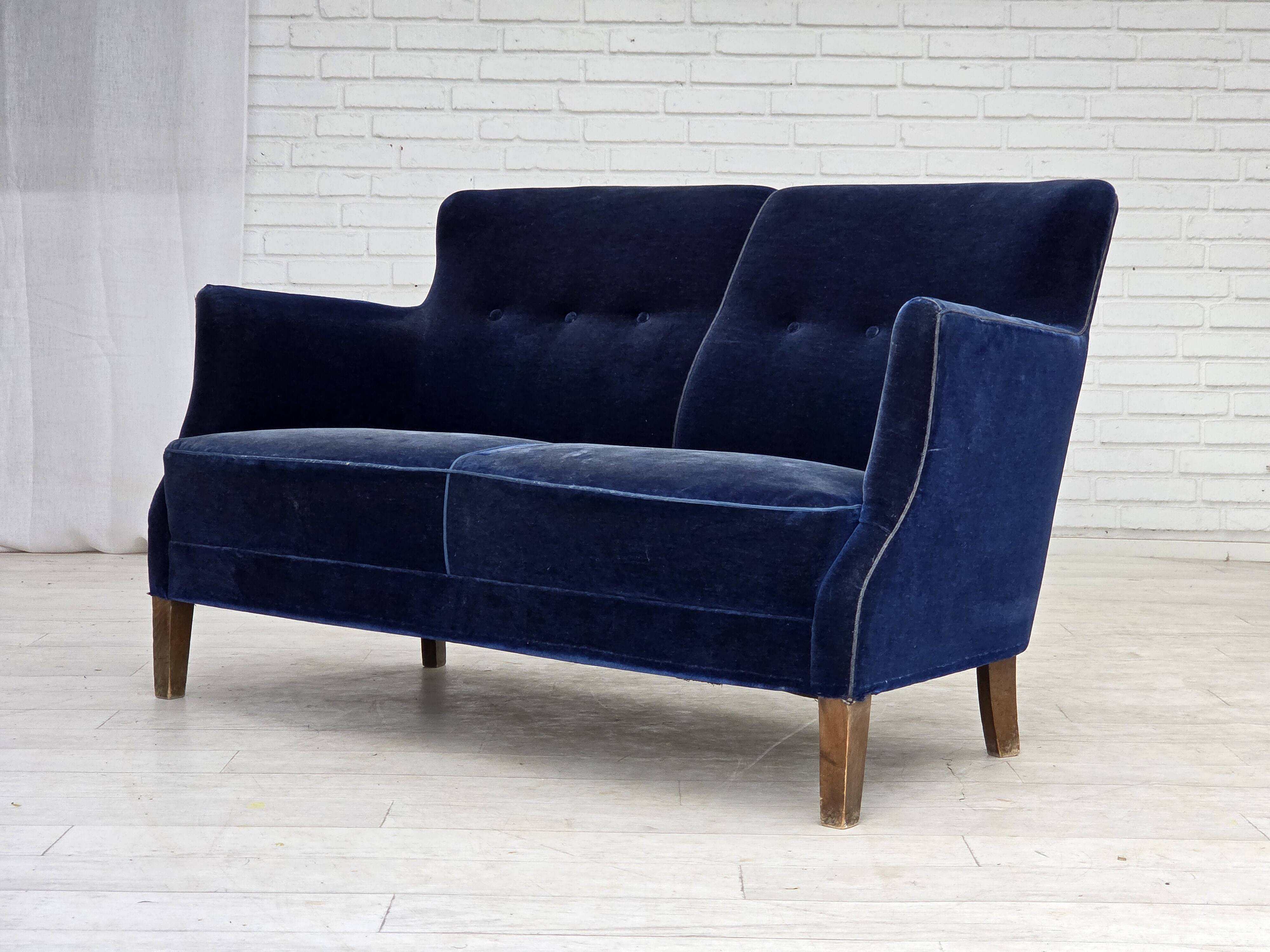 1960s, Danish 2-seater sofa. dark blue furniture velour.