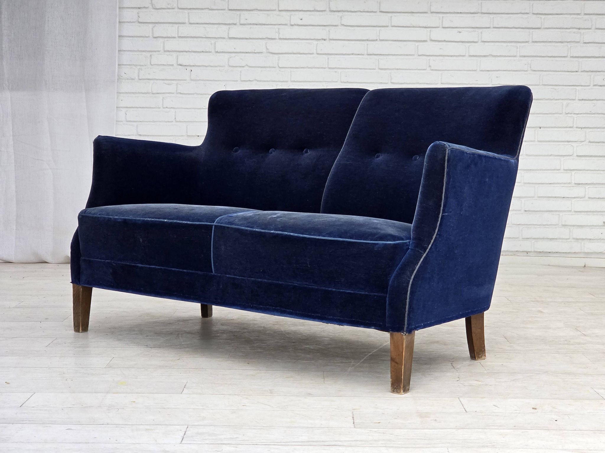 1960s, Danish 2-seater sofa. dark blue furniture velour.