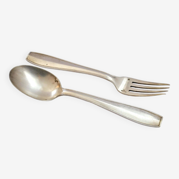 Fourchette et cuillère en métal argenté monogramme DB, modèle "Atlas", Christofle