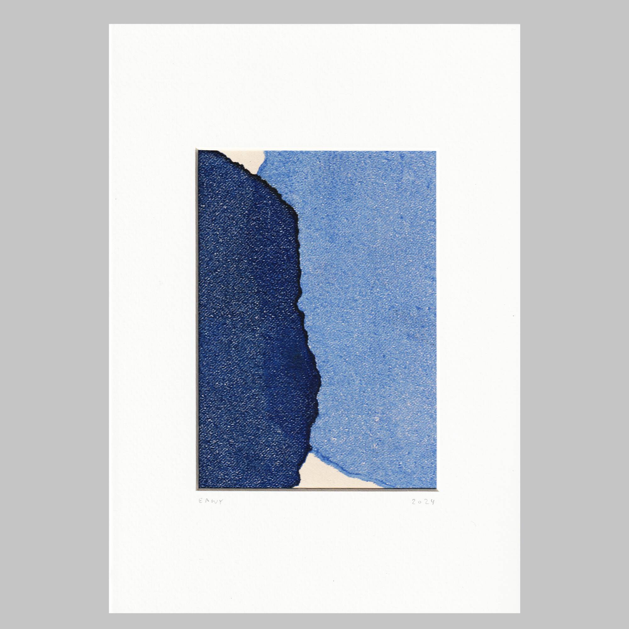 Peinture abstraite sur papier bleu signée Eawy