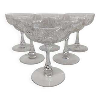 6 Saint Louis crystal champagne glasses, Moselle model, 1930s.