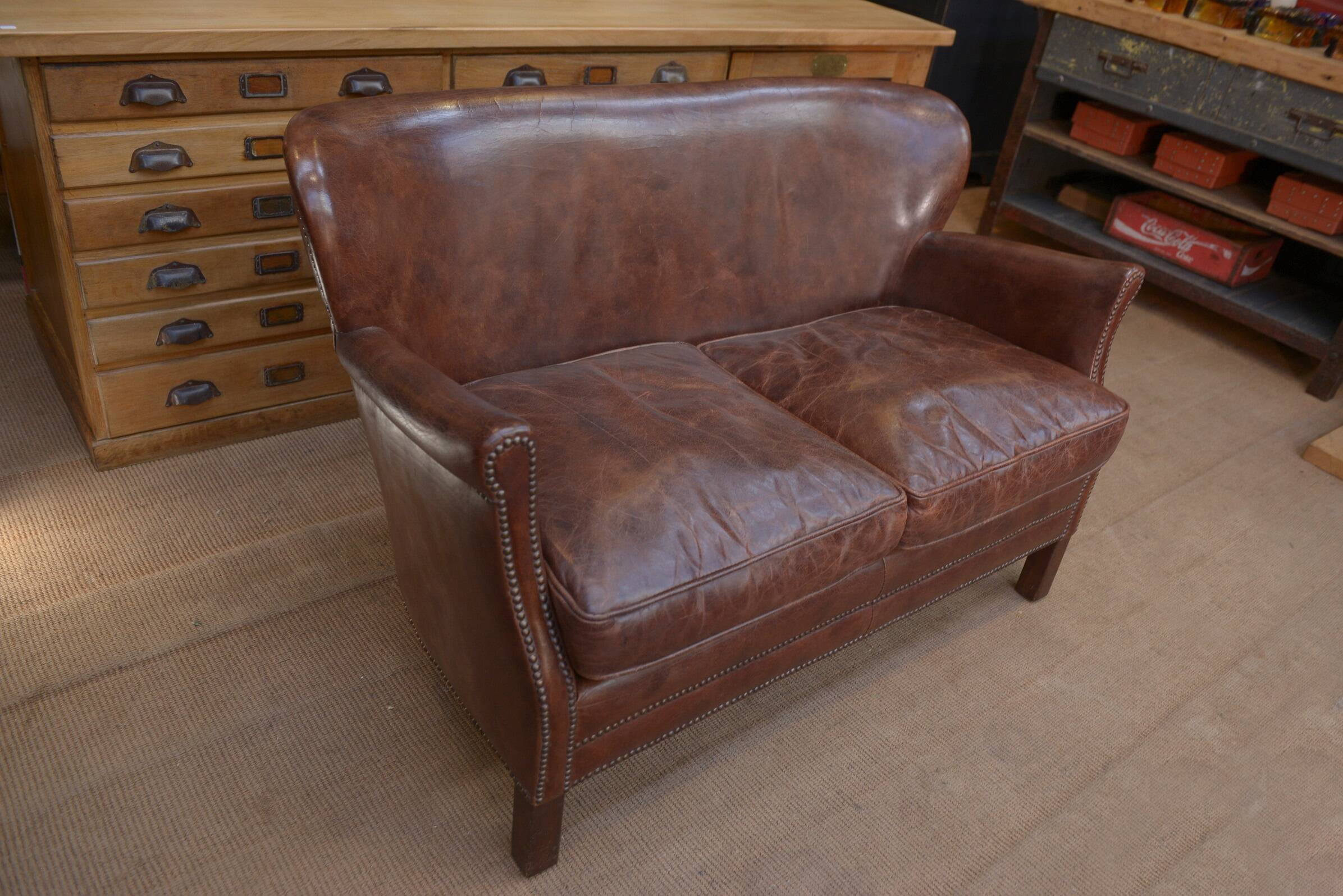 Small Vintage Bench Sofa Studded Leather Sofa 1970s