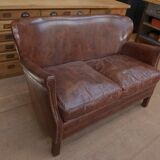 Small Vintage Bench Sofa Studded Leather Sofa 1970s