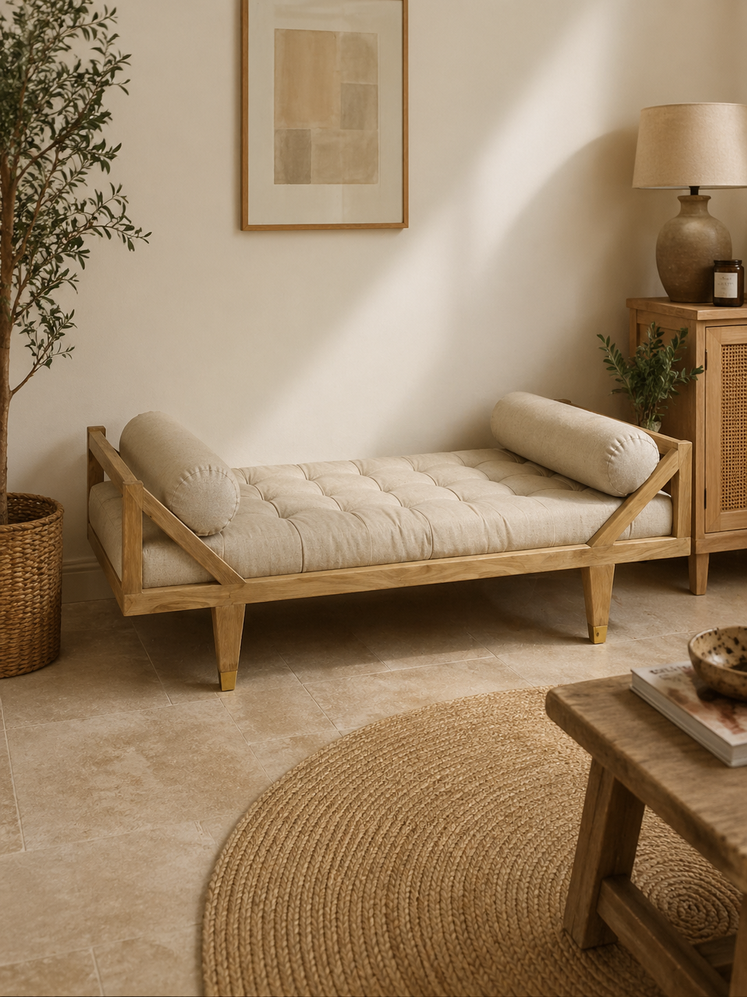 Banquette lit d’appoint bois et tissu