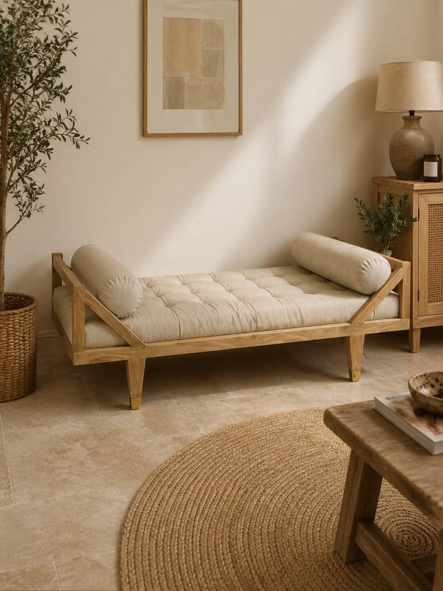 Banquette lit d’appoint bois et tissu