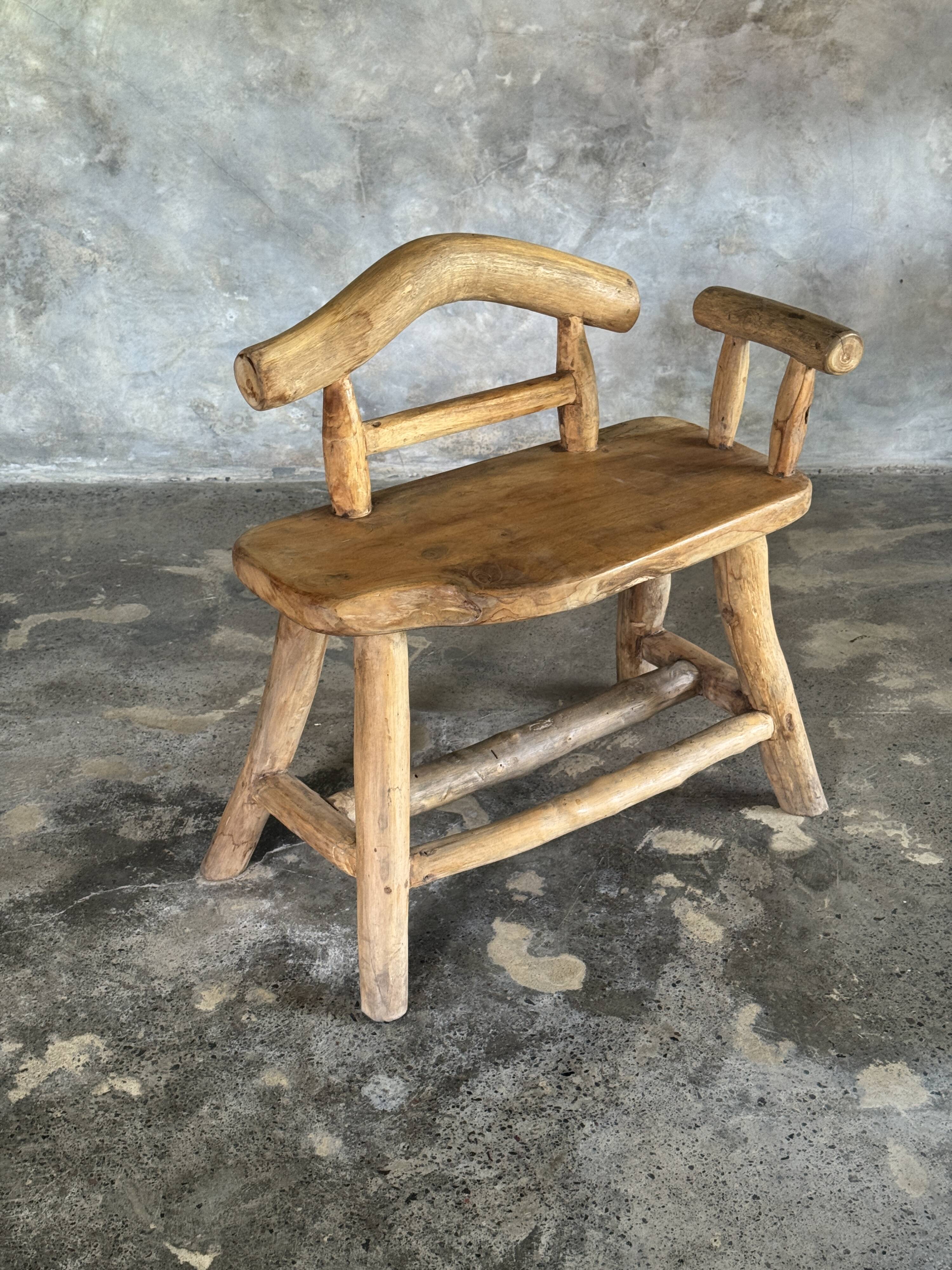 Small brutalist bench with backrest and armrests in Asian blonde teak H67 L6