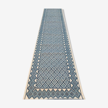 Tapis margoum bleu et blanc fait main en pure laine 86x400cm