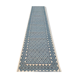 Tapis margoum bleu et blanc fait main en pure laine 86x400cm
