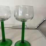 Set of 4 antique Alsace wine glasses, green stem and engraved decoration