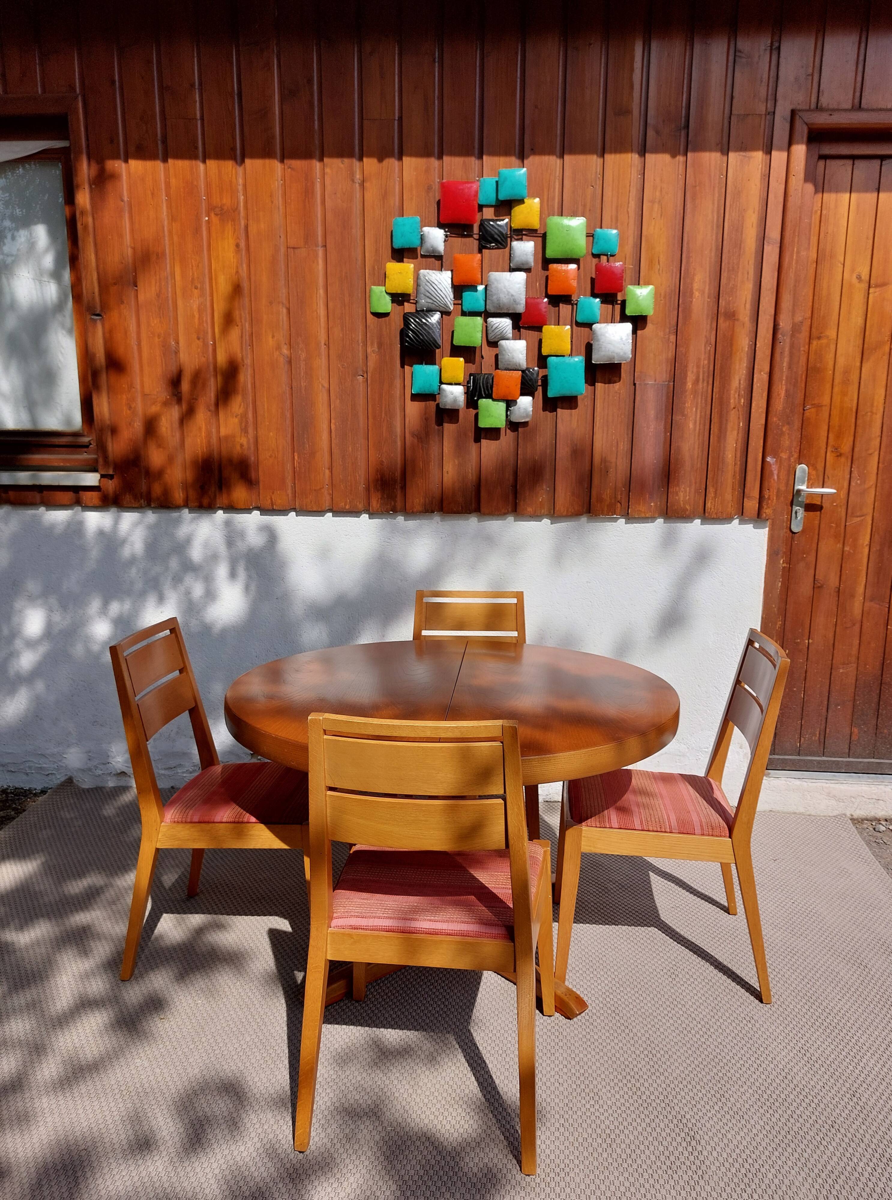 round or oval table with extension, central leg, vintage Baumann design