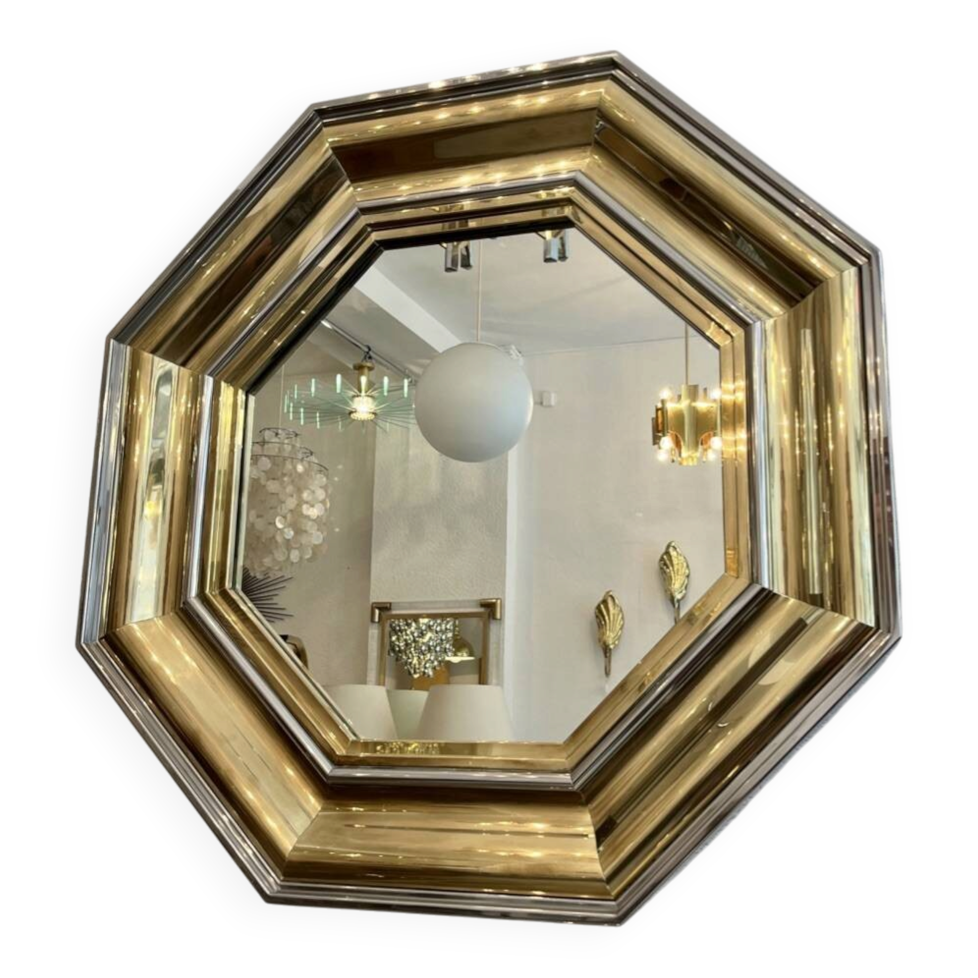 Sandro Petti enormous octagonal mirror brass chrome 1970s Maison Jansen