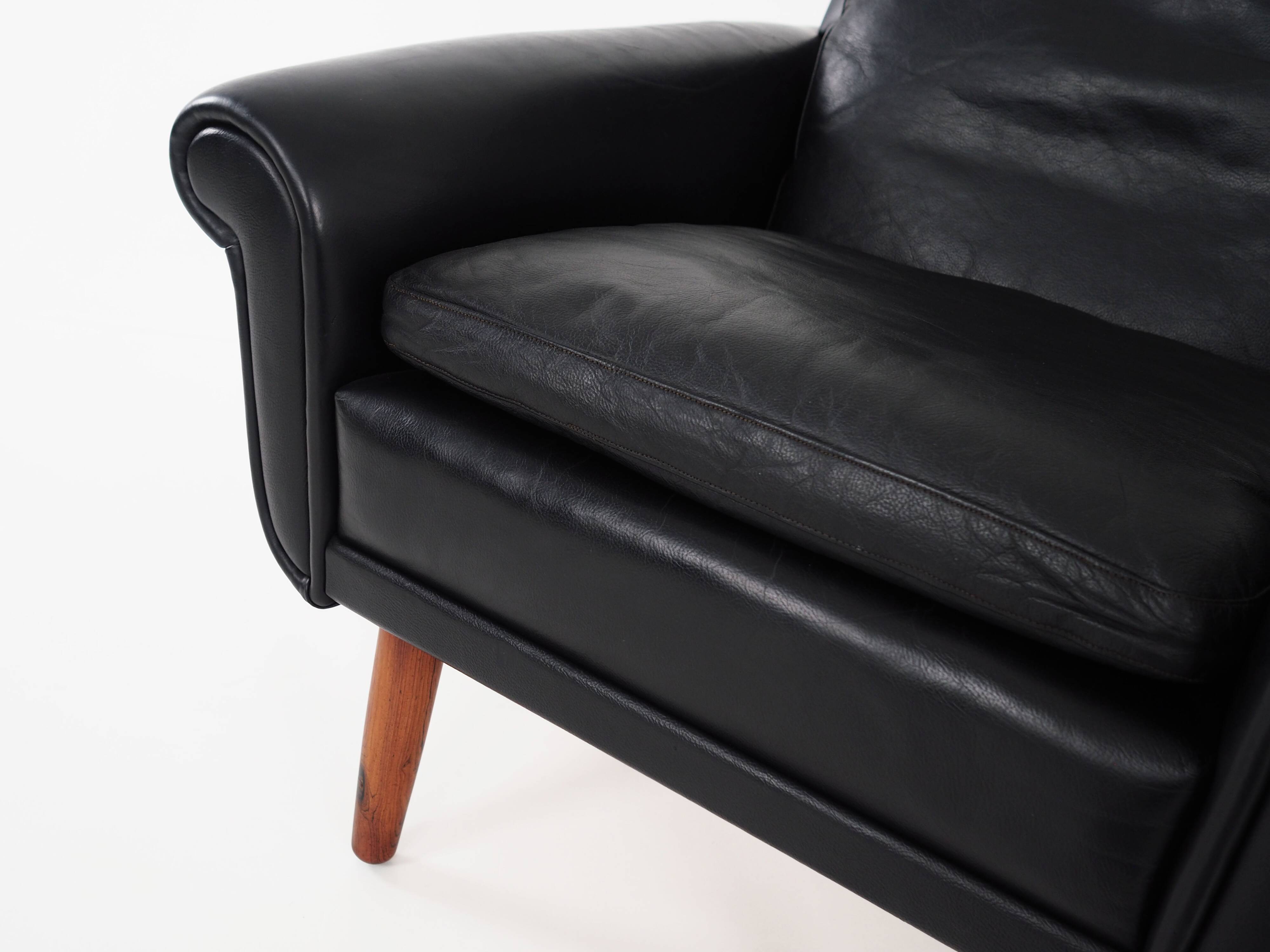 Black leather armchair, Danish design, 1970s, production: Denmark