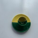 Coquetier en céramique émaillée bicolore vert et jaune vintage 1950