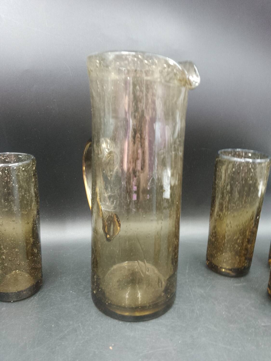 6-piece orangeade set in blown and bubbled gray glass