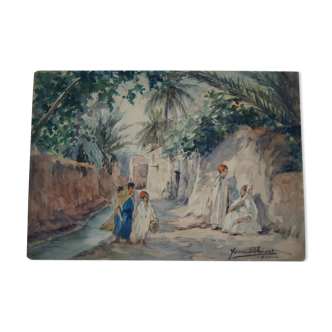 Yvonne Thivet (1888-1972)  "biskra" watercolor on paper, glued to cardboard, signed at the bottom right and located "Biskra"