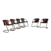 Set Of 6 Tubular Chrome And Saddle Leather Dining Chairs For Metaform, 1970s